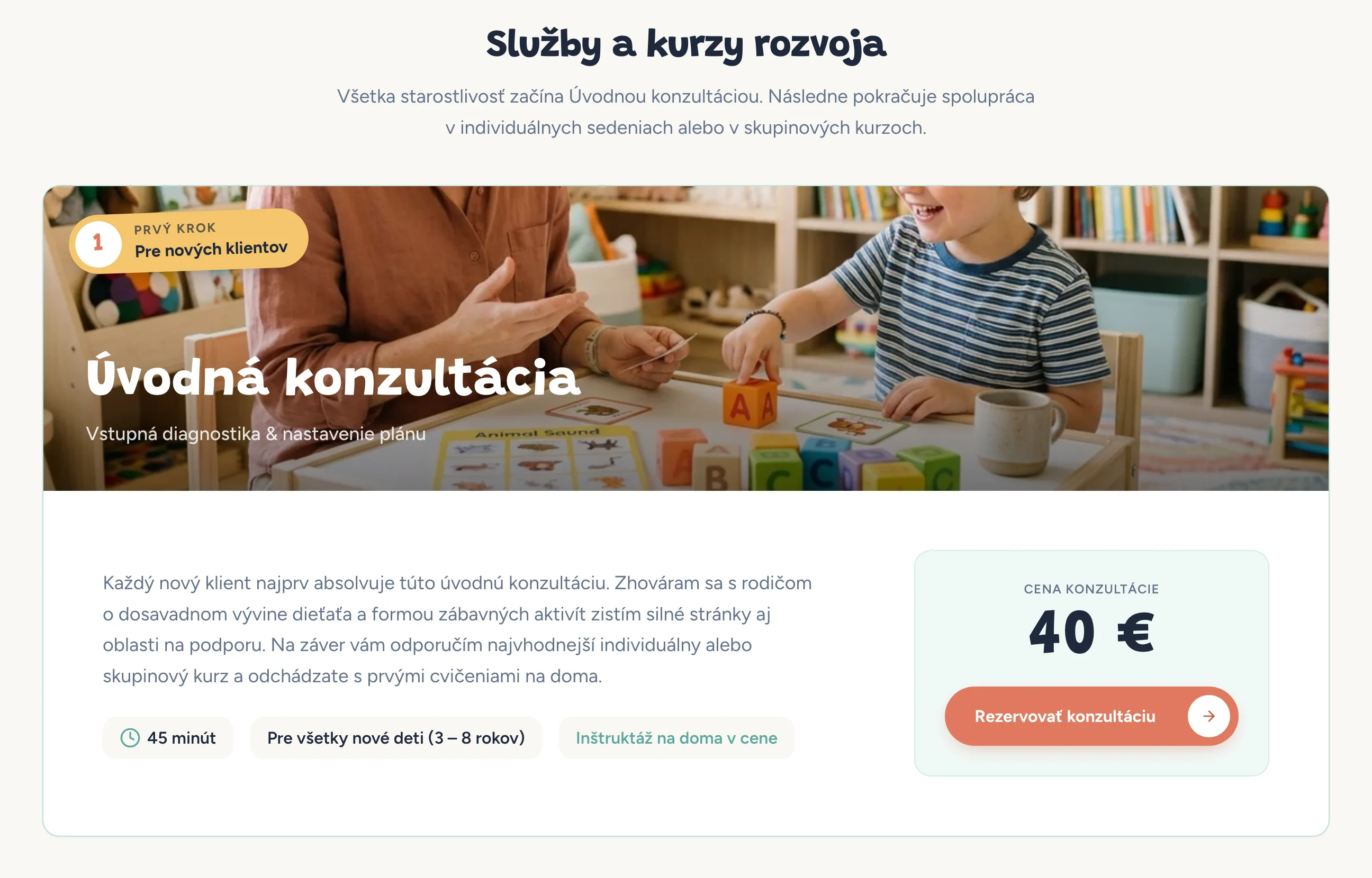 Karta Úvodné konzultácie s cenou 40 € a tlačítkem na rezervaci